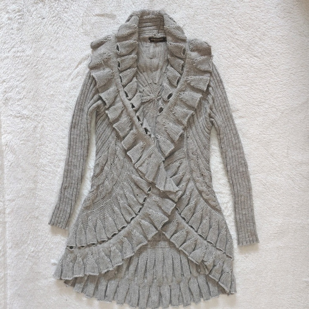 John Fashion Womens Knit Cardigan Sweater Small Open Front Drape Gray Ruffle Y2K - Picture 3 of 7